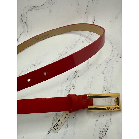 St John Red Belt XL Women 3/4" Patent Leather Luxury Gold Buckle Size 38-42” NWT - Picture 3 of 12